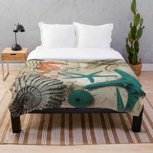 coastal seashell teal starfish seahorse ocean beach Throw Blanket