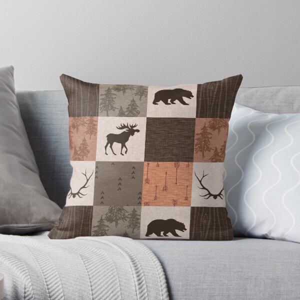 woodland patchwork - rust/brown Throw Pillow