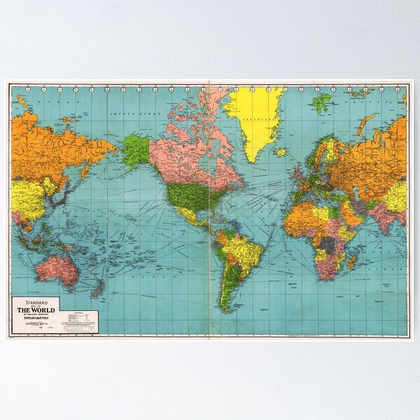 Item preview, Vintage Colorful World Map, Blue Green Pink Yellow, Boho  designed and sold by easteuromaps.