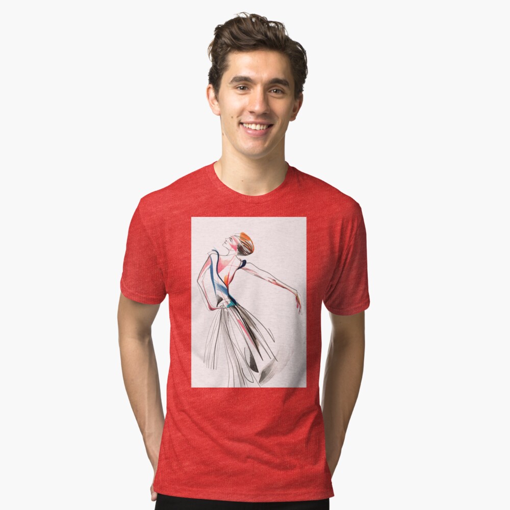 Original Ballet Dance Drawing – Watercolor and Ink on Paper Tri-blend T-Shirt