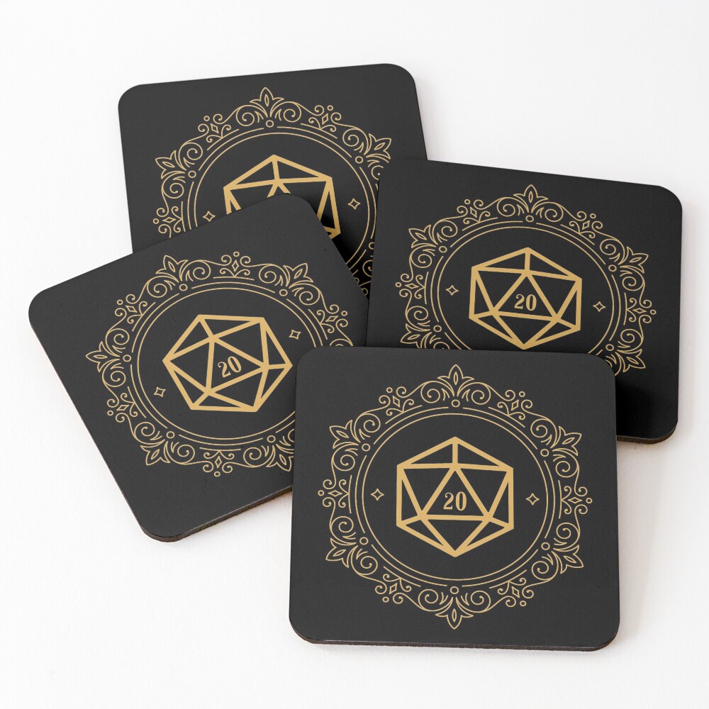 Polyhedral D20 Dice Monogram Bronze Tabletop RPG Coasters (Set of 4)