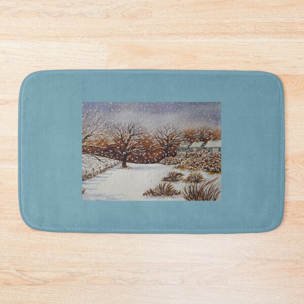 Item preview, painting of snow snow covered trees and cottages winter snow scene   designed and sold by pollywolly.