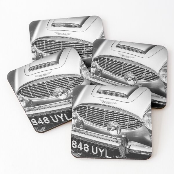 Item preview, A black and white image of the front of a 1960 Austin Healey on display at a car show designed and sold by Graham Cornall.