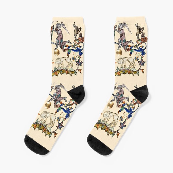 MEDIEVAL KNIGHT FIGHTING SNAIL,DRAGON AND LION Socks