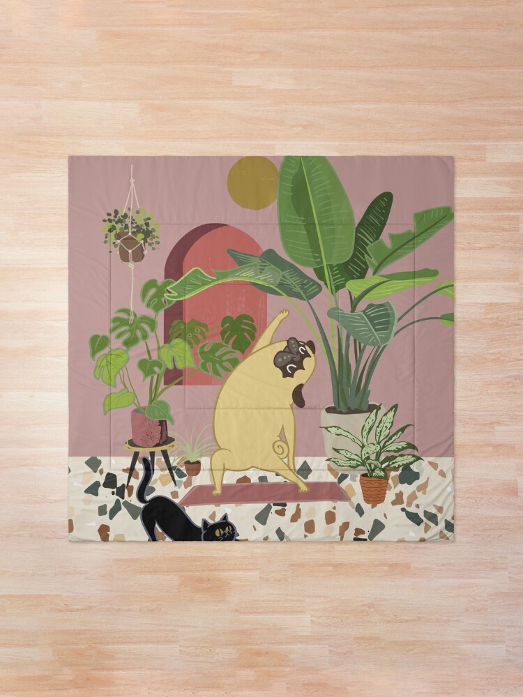 Alternate view of Pug Yoga with Plants Comforter