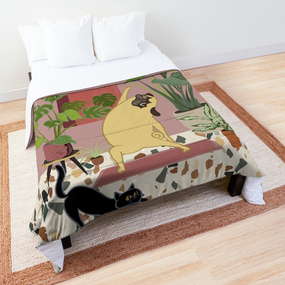 Pug Yoga with Plants Comforter