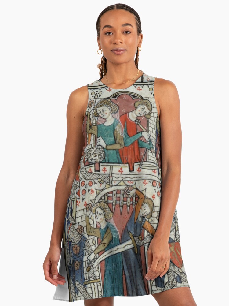 Medieval Women Defending Castle With Flowers - Illuminated Manuscript Castles A-Line Dress