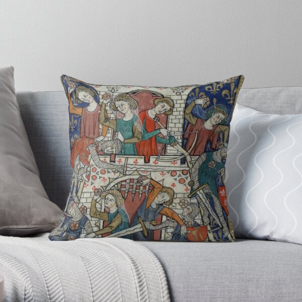 Medieval Women Defending Castle with Flowers - Illuminated Manuscript Throw Pillow
