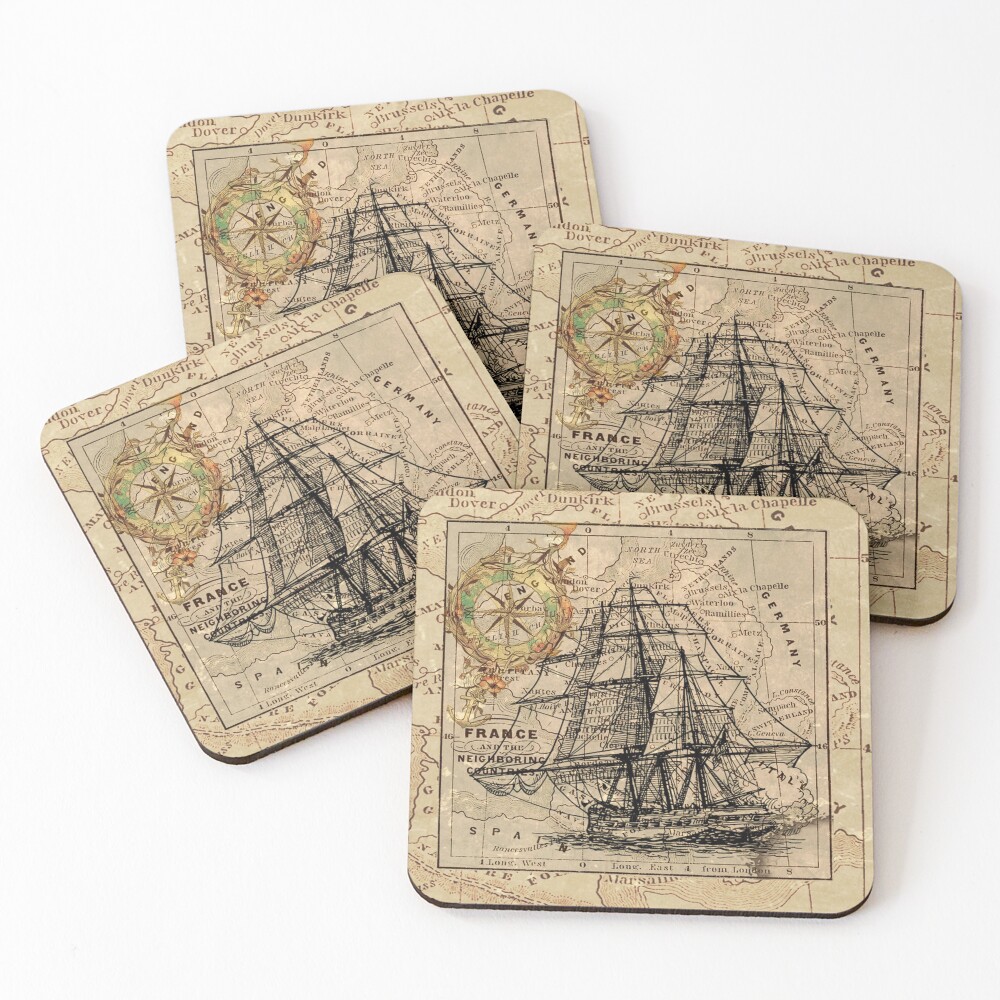 vintage pirate ship sailor antique world map Coasters (Set of 4)