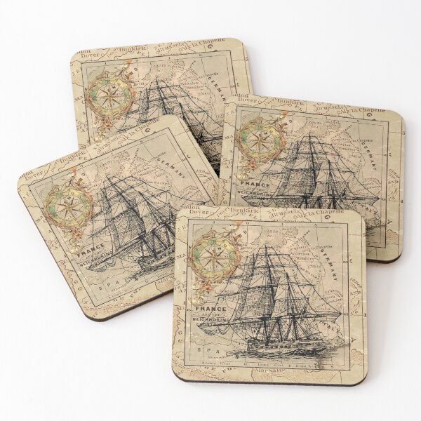 vintage pirate ship sailor antique world map Coasters (Set of 4)