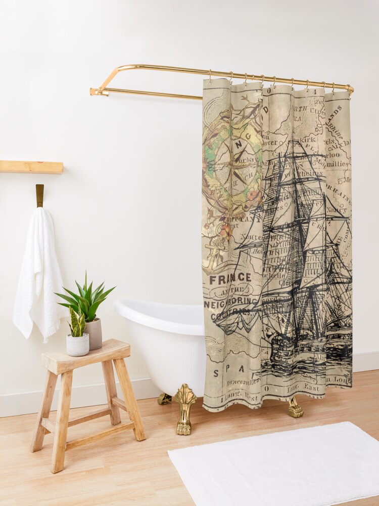 Alternate view of vintage pirate ship sailor antique world map Shower Curtain