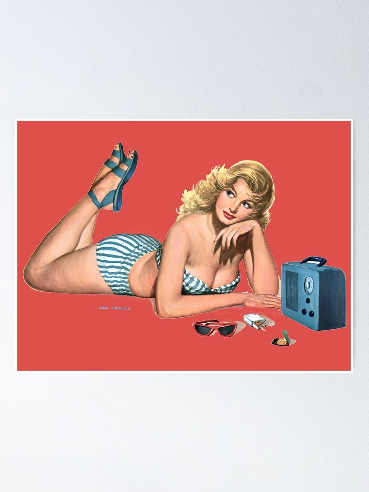 Vintage Pin-up Girl - Laying Down Listening to Music Poster for