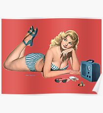 Vintage Pin-up Girl - Laying Down Listening to Music Poster