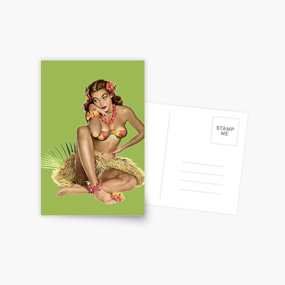 Vintage Pin-up Girl - Brunette in Hula Costume Postcard for Sale