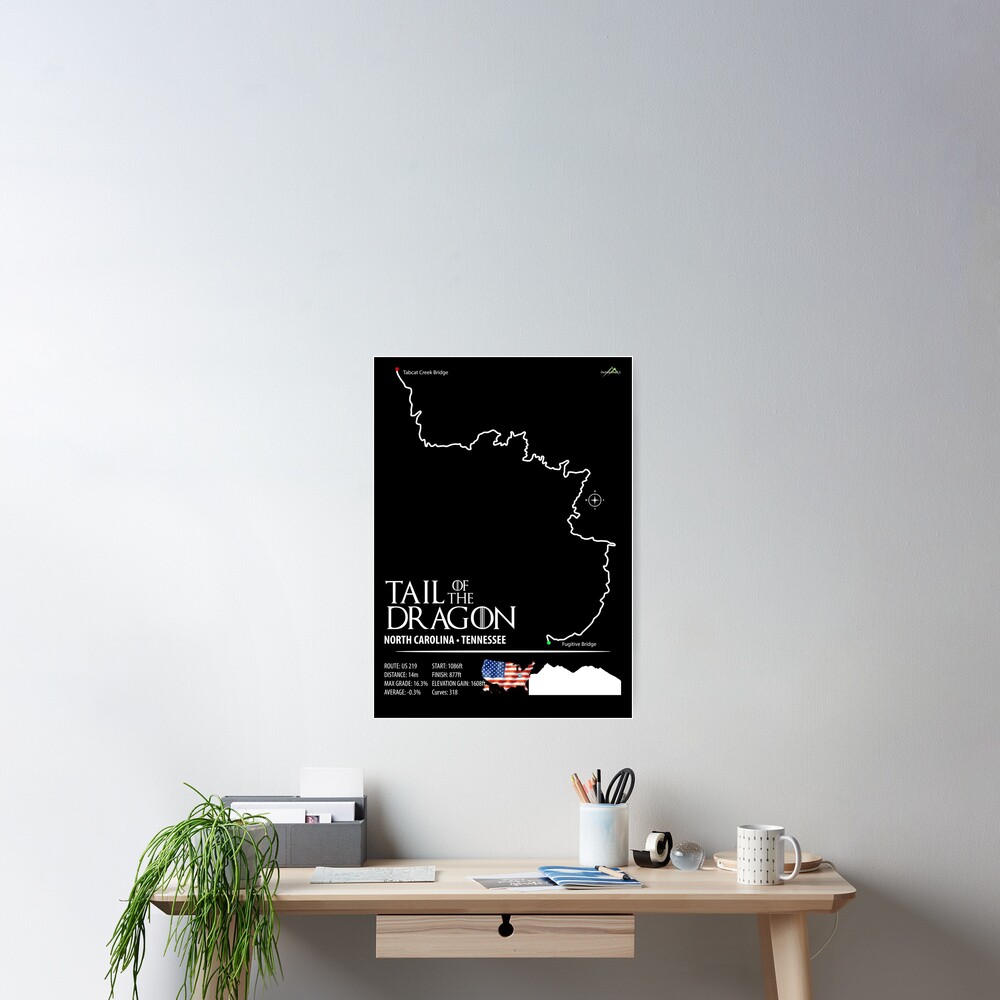 Tail Of The Dragon Road Us 129 Motorcycle Sports Car Trail Map Art Print Poster For Sale By 8079