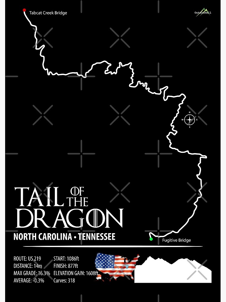 Discover Tail of the Dragon Road US 129 Motorcycle Sports Car Trail Map Art Print Premium Matte Vertical Poster