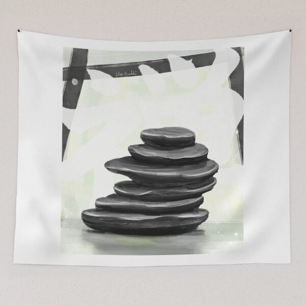 Item preview, Painting of Balanced Black Zen Stones, Lime Background with the Word Zen in Japanese  designed and sold by ibadishi.
