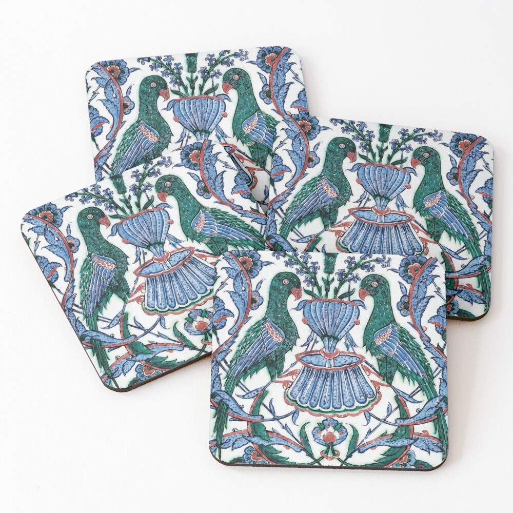 IZNIK TILE FLOWERS AND BIRDS Turkish Floral Motifs Coasters (Set of 4)