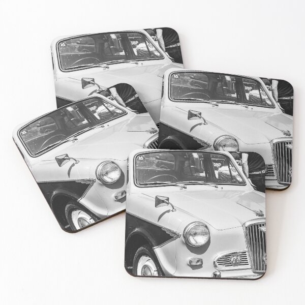 Item preview, A black and white image of the front of a 1950s Wolsely 1500 on display at a car show designed and sold by Graham Cornall.