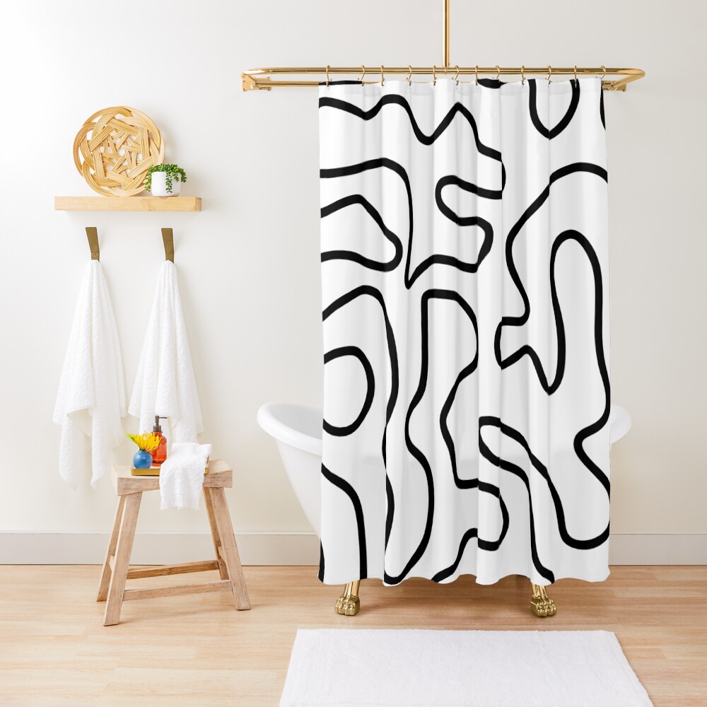 Squiggle Maze Minimalist Abstract Pattern in Black and White Shower Curtain