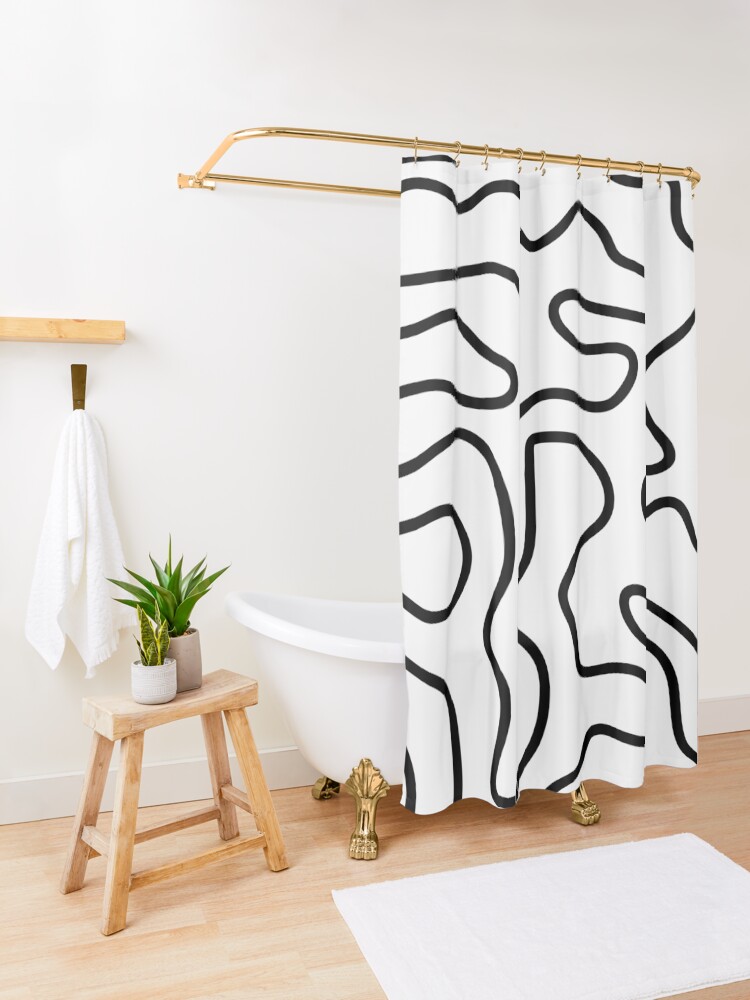 Alternate view of Squiggle Maze Minimalist Abstract Pattern in Black and White Shower Curtain