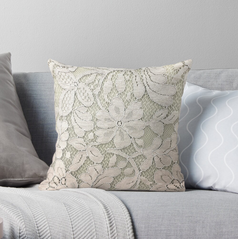 bohemian floral french country ivory beige lace Throw Pillow