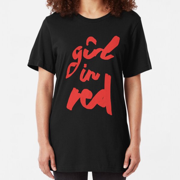 girl in red brush logo Slim Fit T-Shirt