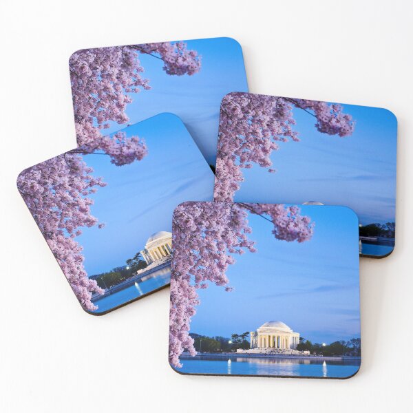 Item preview, Jefferson Memorial at blue hour with peak bloom cherry blossoms designed and sold by Cameron Whitman.