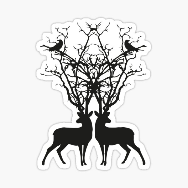 graphic design with two deer and two symmetrical birds Sticker