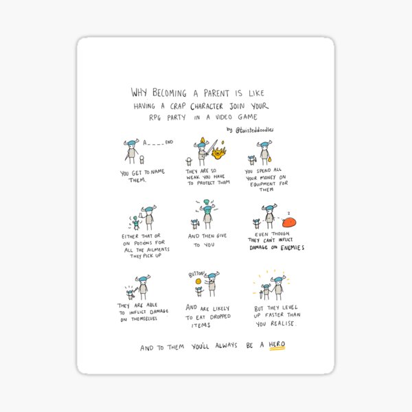 Vista previa del artículo con la obra «Por qué convertirse en padre es como obtener un nuevo personaje RPG.», diseñado y vendido por twisteddoodles.