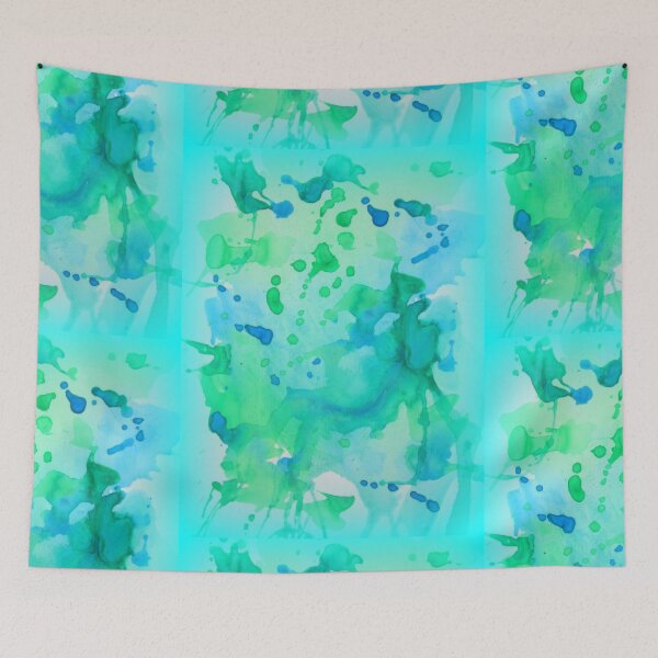 Item preview, turquoise watercolour blobs with blue colours designed and sold by cathyartist.