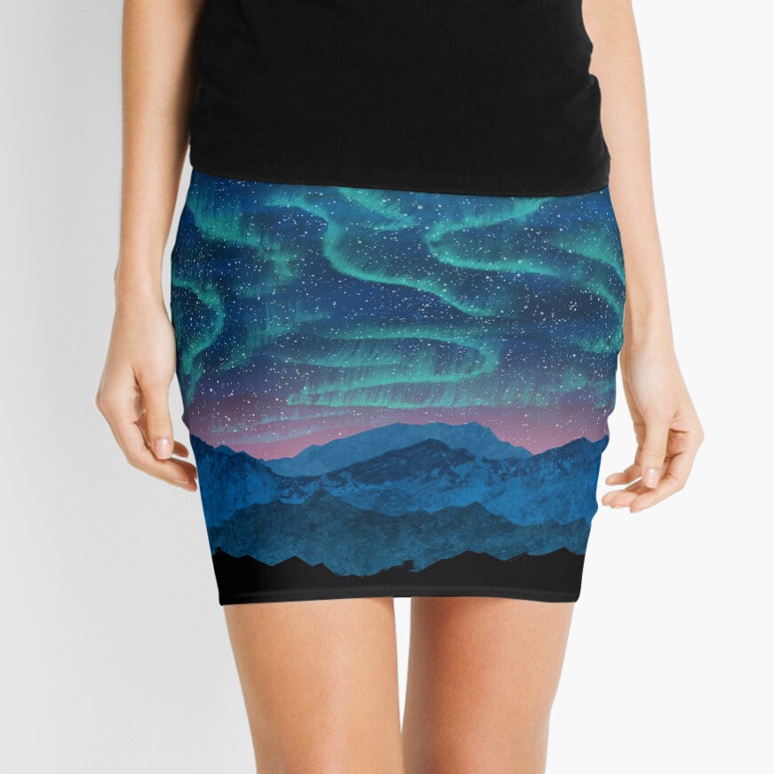 Aurora borealis over mountains Mini Skirt