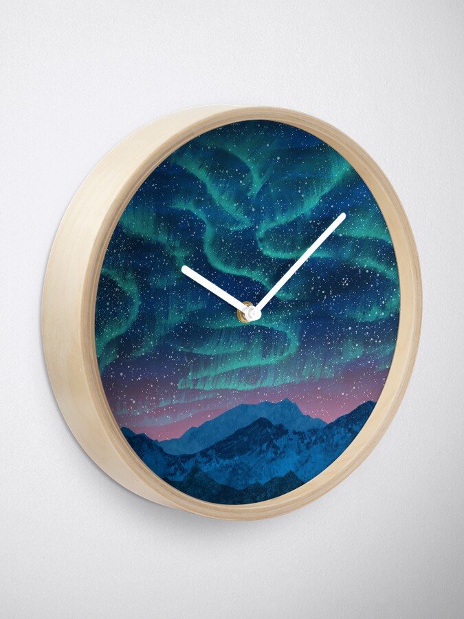 Alternate view of Aurora borealis over mountains Clock