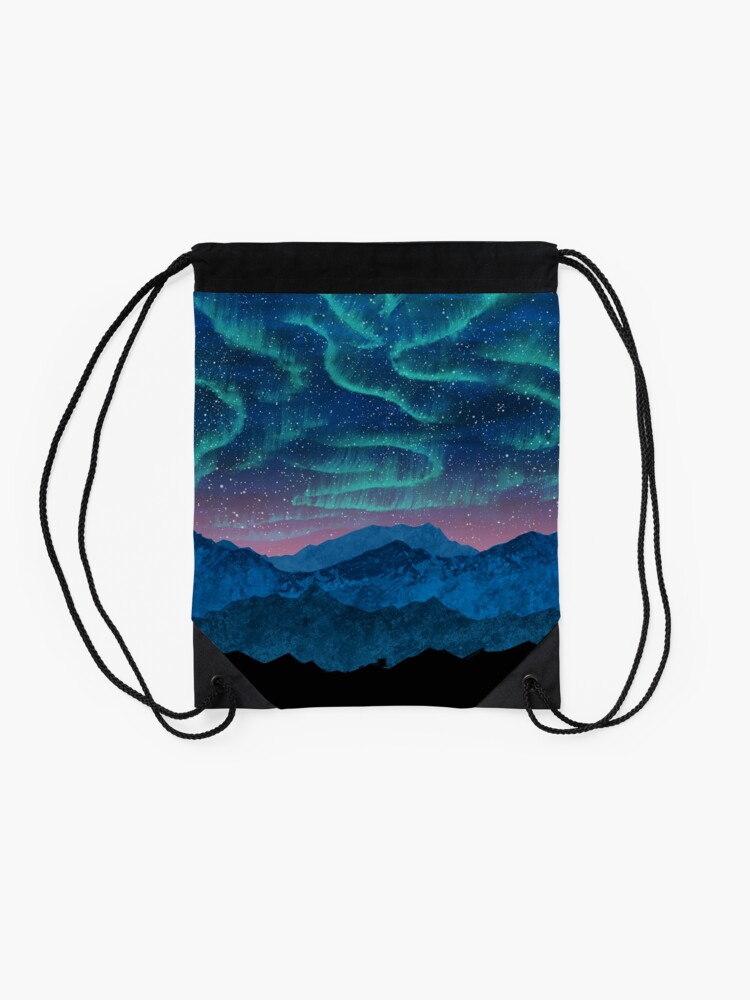 Alternate view of Aurora borealis over mountains Drawstring Bag