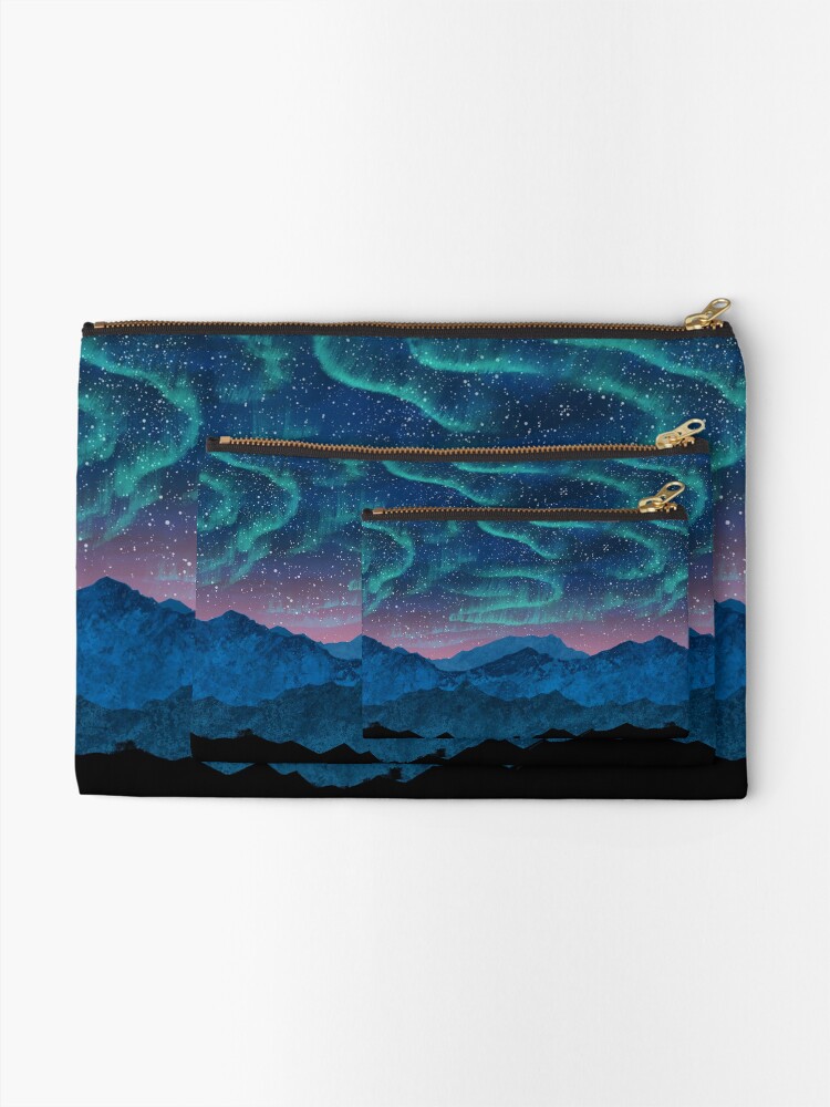 Alternate view of Aurora borealis over mountains Zipper Pouch