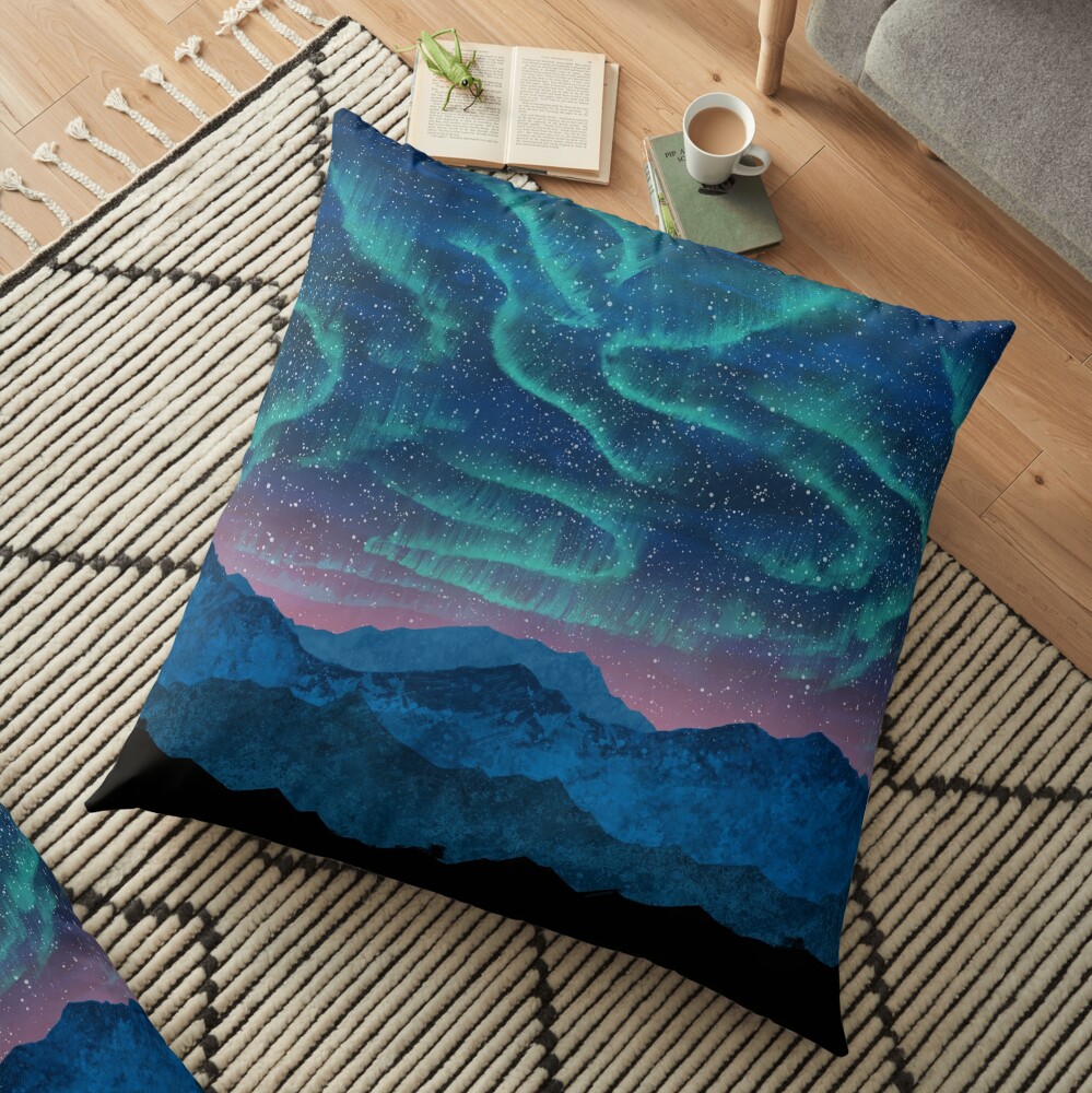 Aurora borealis over mountains Floor Pillow