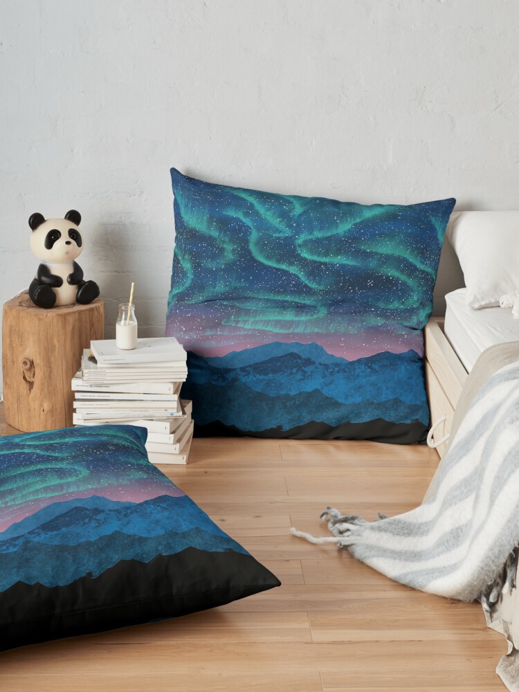 Alternate view of Aurora borealis over mountains Floor Pillow