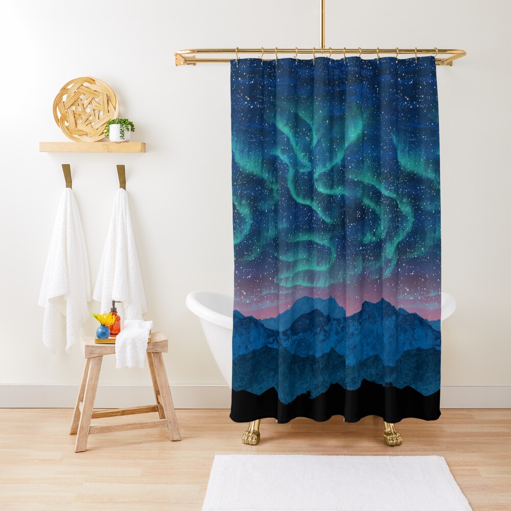 Aurora borealis over mountains Shower Curtain