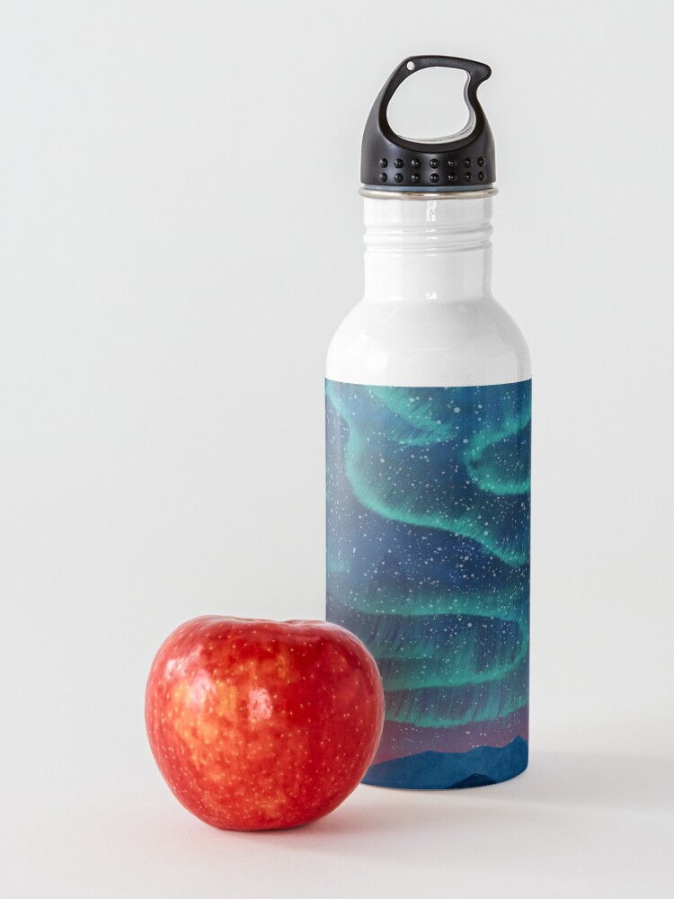 Alternate view of Aurora borealis over mountains Water Bottle