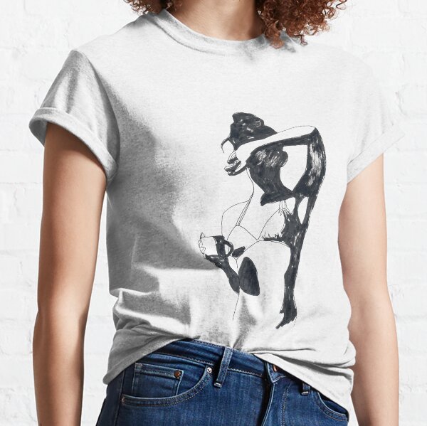 portrait graphique en noir et blanc d'une femme tenant une tasse de café à l'encre de Chine T-shirt classique