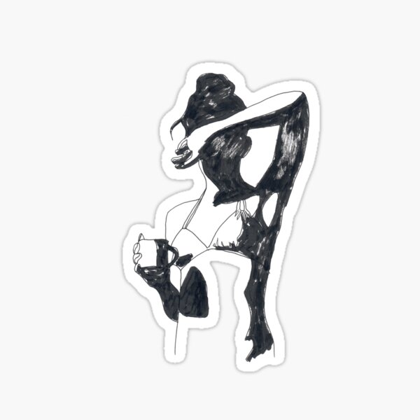 black and white graphic portrait of a woman holding a cup of Indian ink coffee Sticker