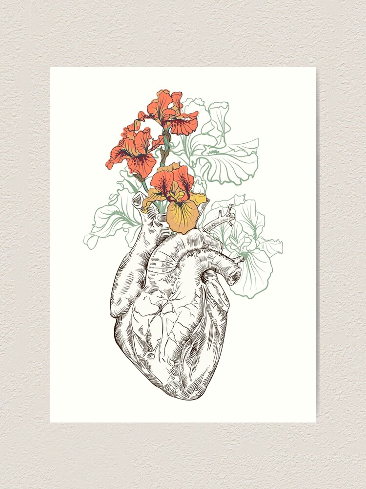 Alternate view of drawing Human heart with flowers Art Print