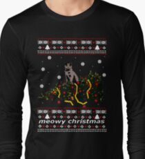 Camiseta de manga larga suéter feo - árbol de navidad derribado por un gato