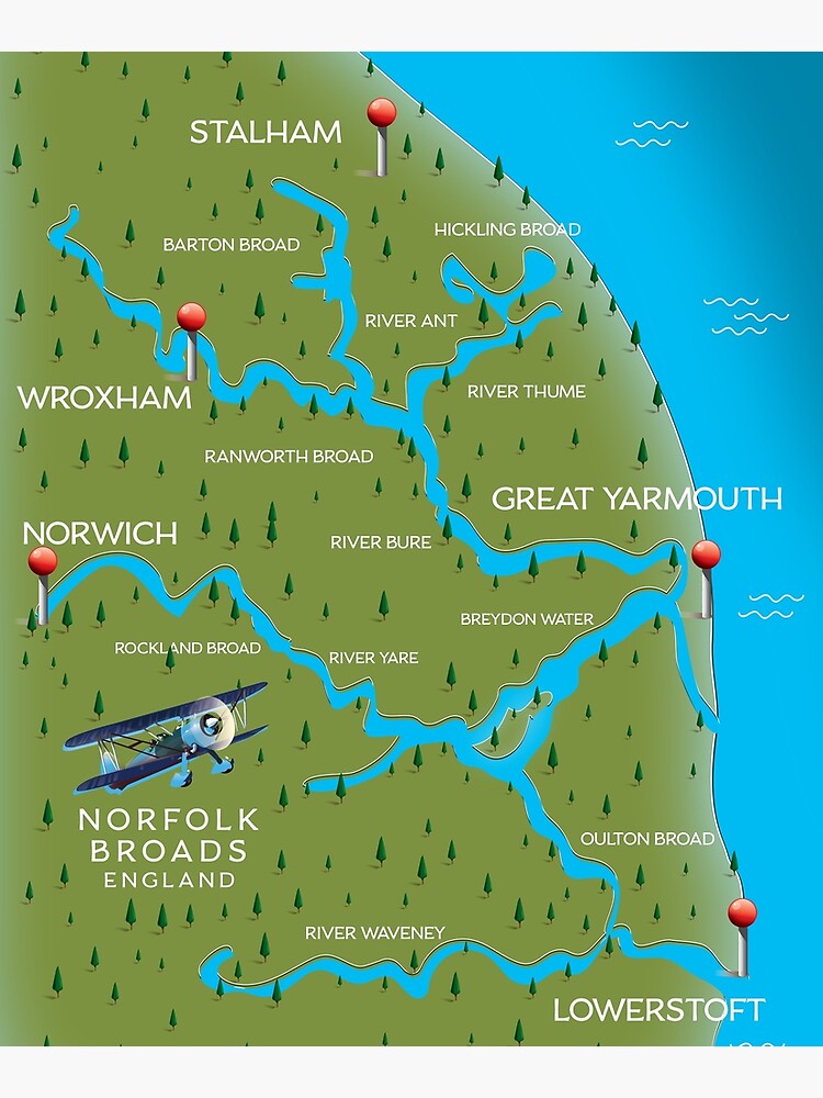 Norfolk Broads Navigation Map Mounted Print For Sale By   Flat,750x,075,f Pad,750x1000,f8f8f8.u2 