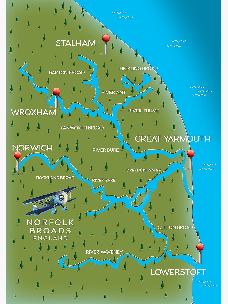 Broads National Park Map Norfolk Broads Navigation Map" Greeting Card By Vectorwebstore | Redbubble