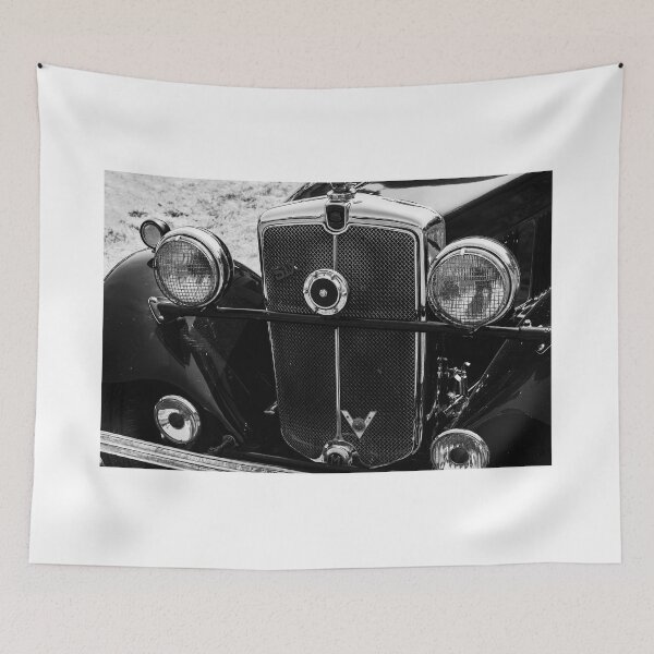Item preview, A black and white image of the front of a 1930s Morris 10/6 on display at a car show designed and sold by Graham Cornall.