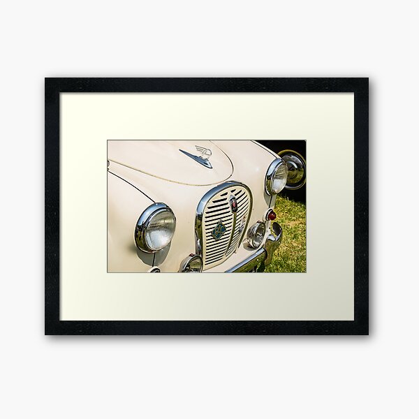The front of a 1950s Austin A30/A35 on display at a car show Framed Art Print