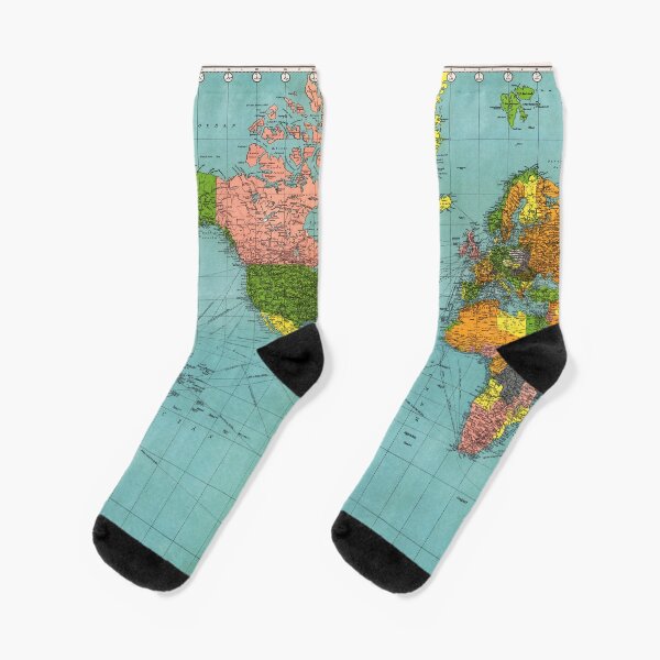 Vintage Colorful World Map, Blue Green Pink Yellow, Boho Socks