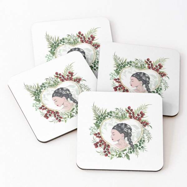 Item preview, profile portrait of a woman in a heart frame with berries and leaves designed and sold by keera66.