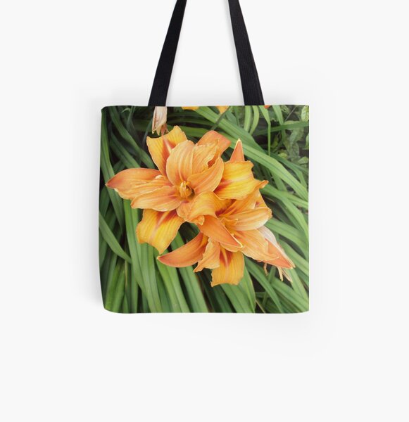 Orange Lilies on Green All Over Print Tote Bag